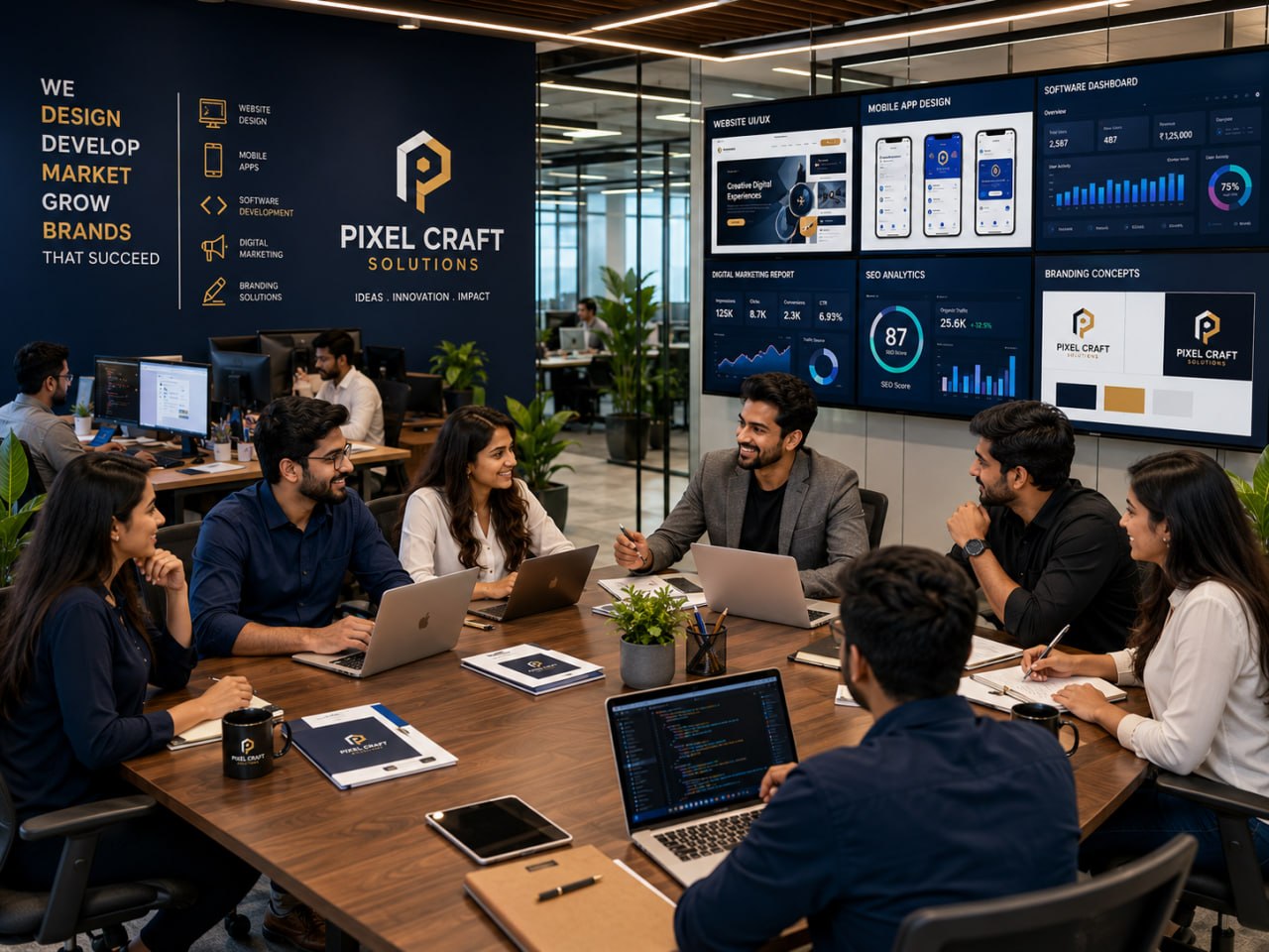 Pixel Crafts Technologies team working together in the office
